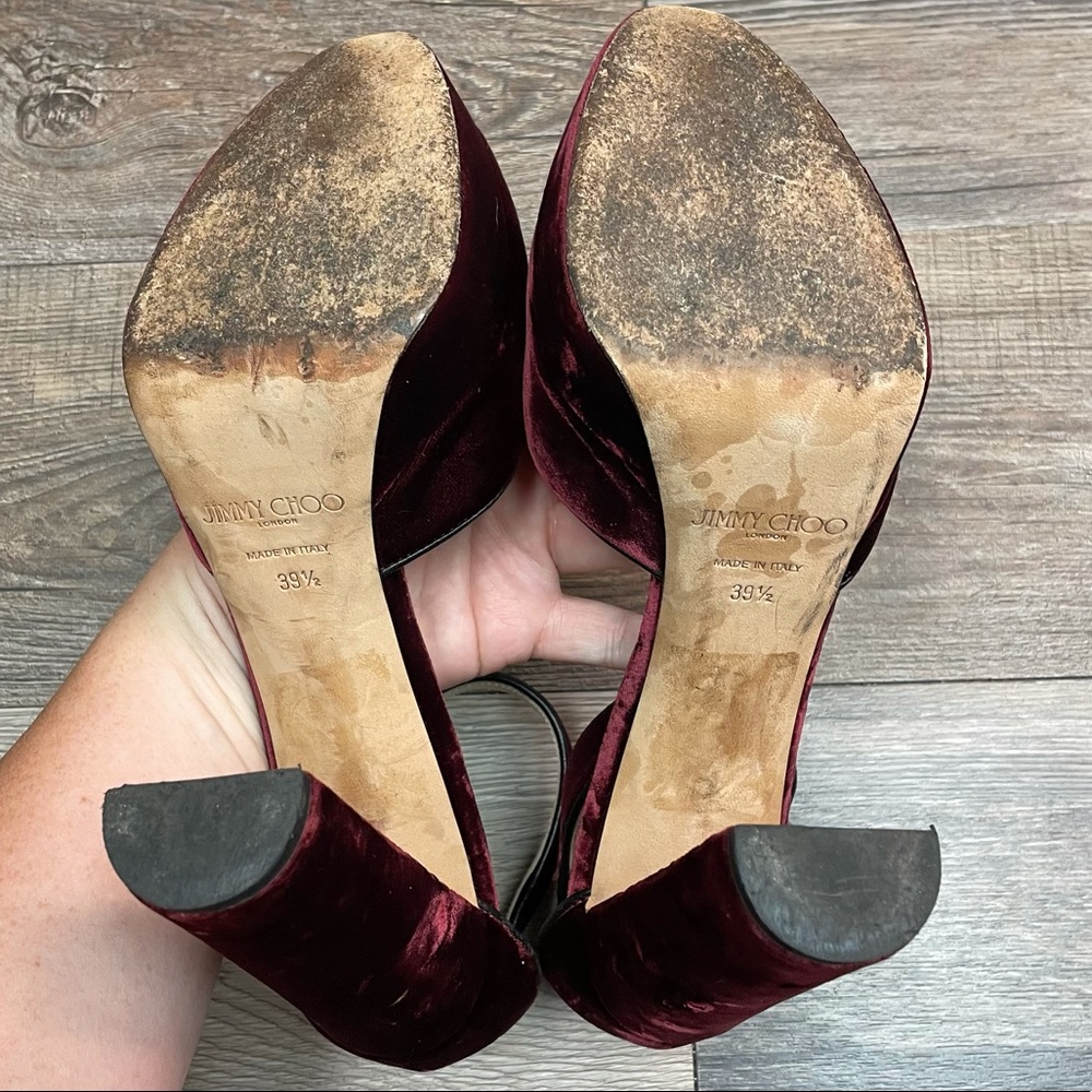 JIMMY CHOO Merlot Red Velvet Platform Heels Sz 9 - Picture 9 of 10